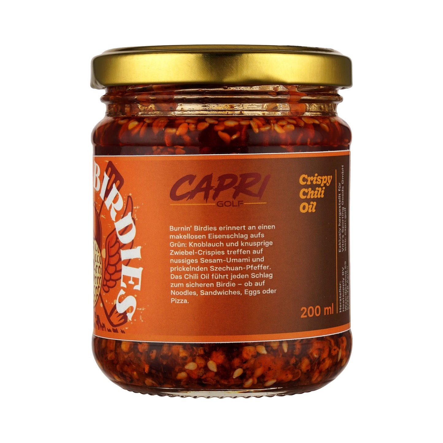 Capri Brunin´ Birdies scharfes Chili-Öl in 200 ml Flasche, cremiger Textur und rotem Chili-Öl in der Flasche sichtbar