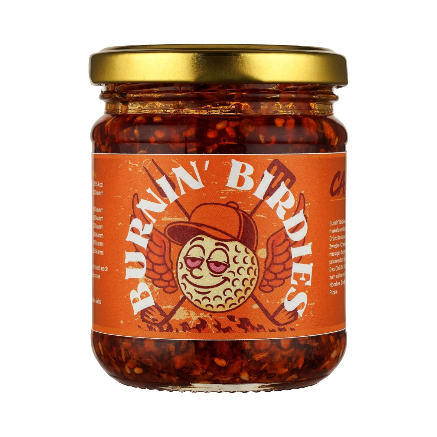 Capri Brunin' Birdies Crispy Chili Oil 200 ml, Flasche mit rotem Chili-Öl und goldener Verpackung, auf weißem Hintergrund