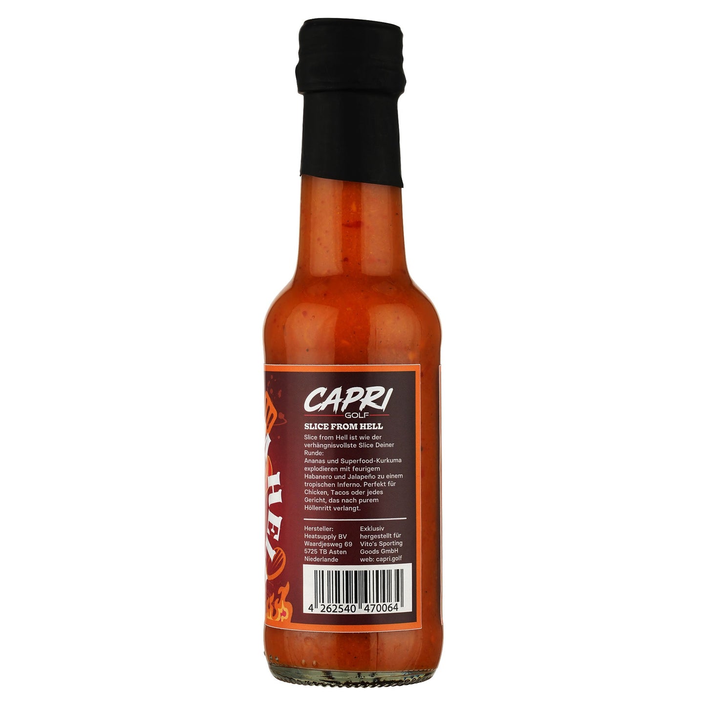 Capsicum-basierte Hot Sauce von Capri Golf, hellrote Farbe, 150 ml Flasche, scharfe Würze, ideal für Grillgerichte.