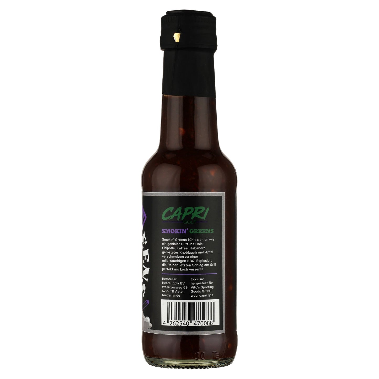 Capsicum, Zwiebeln und Gewürze in der CAPRI Golf Smokin' Greens BBQ-Sauce 150 ml, rechts im Bild.