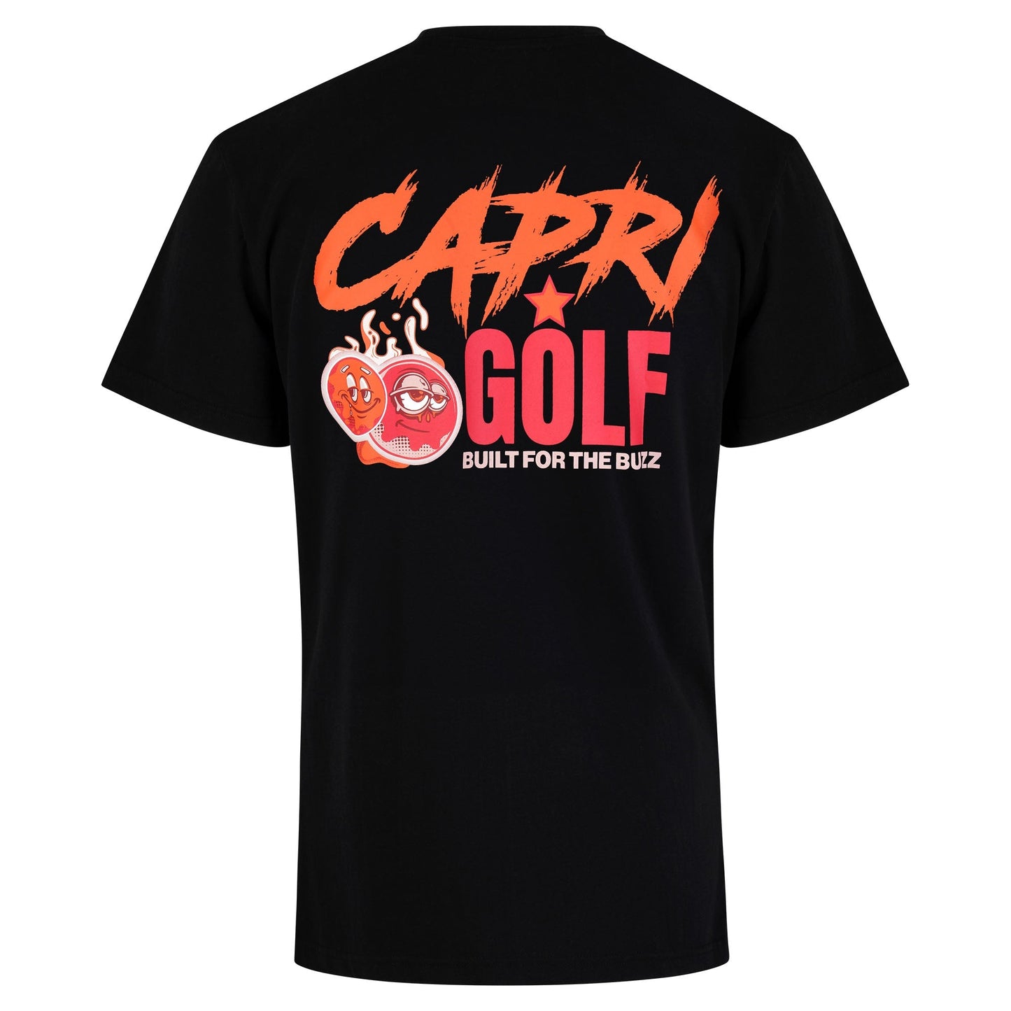 Schwarzes CAPRI GOLF Capri-Statement T-Shirt „Built for the Buzz“ mit Logo vorne, bequemes Design, hinten sichtbar.