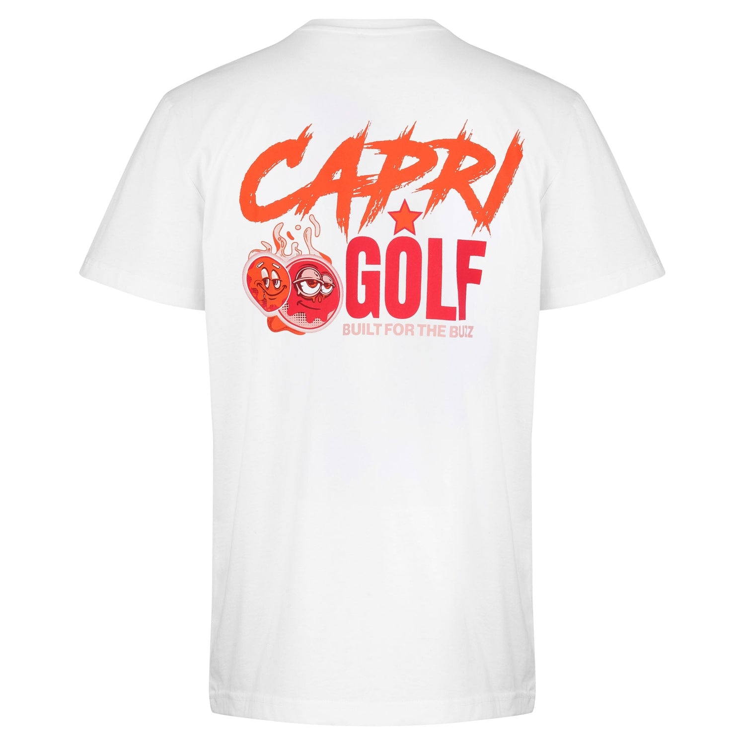 Weißes CAPRI GOLF Capri-Statement T-Shirt „Built for the Buzz“ mit Logo-Print, Ansicht von hinten.