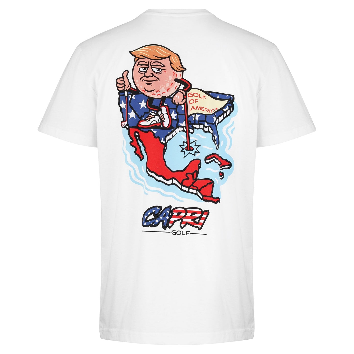 White CAPRI-Statement T-Shirt with cartoon golf design and Golf of America backprint