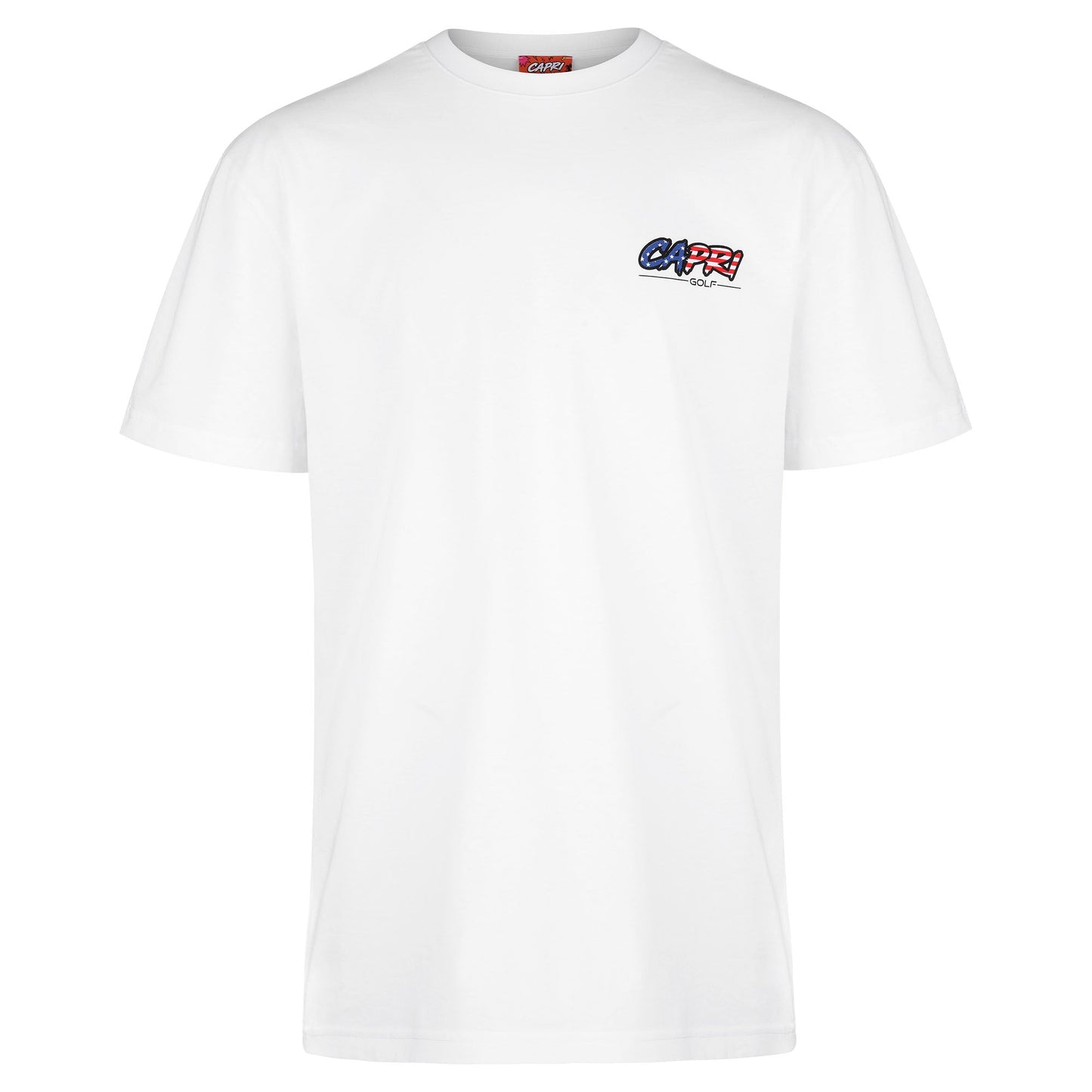 White CAPRI-Statement T-Shirt with US-style logo on front, 100% cotton, loose fit for casual and golf wear