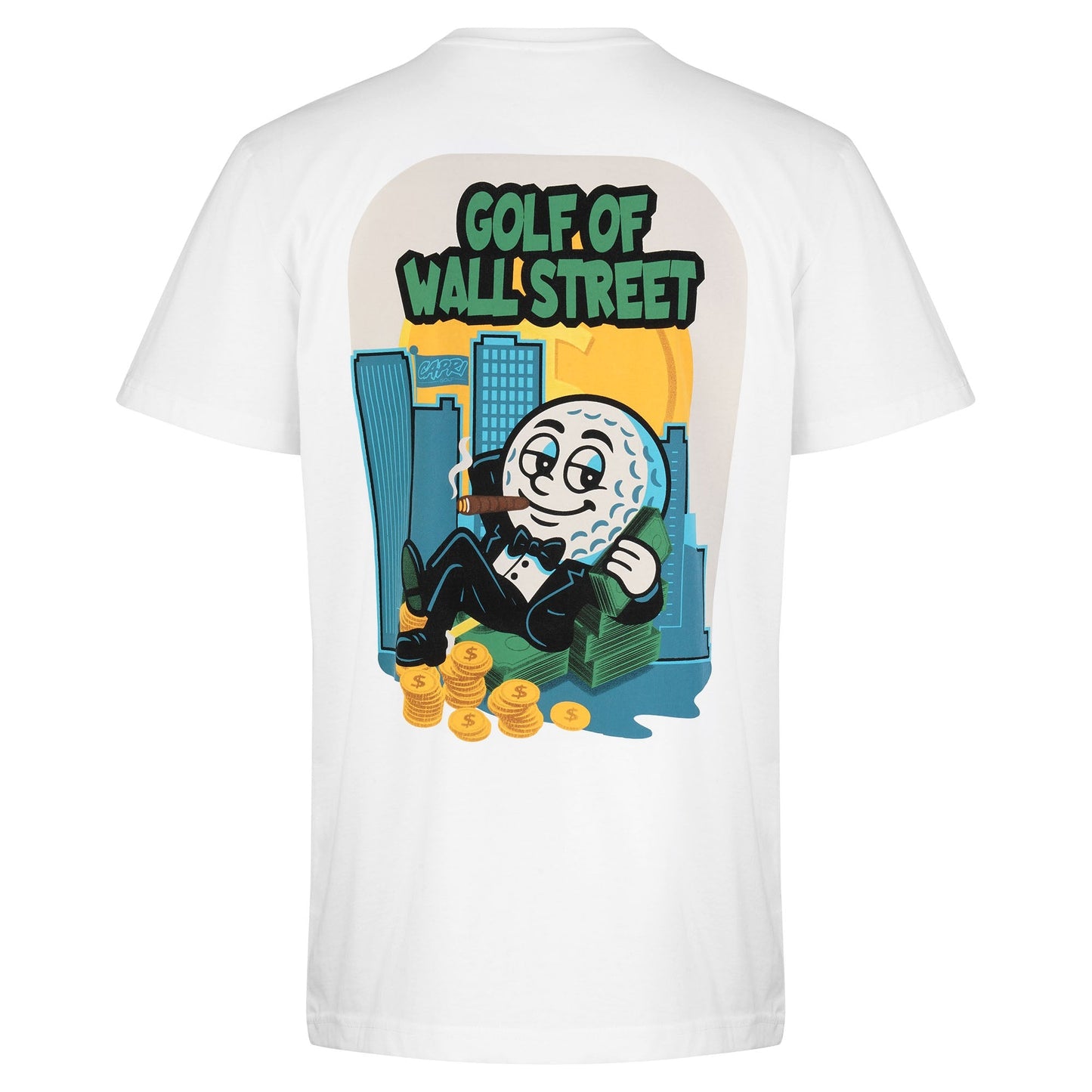 White CAPRI-Statement T-Shirt with "Golf of Wall Street" graphic featuring a golf ball in a tuxedo with money and city skyline on the back