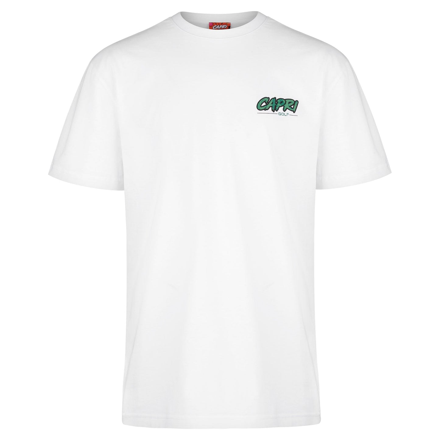 White CAPRI-Statement T-Shirt with green Capri logo on front, breathable 100% cotton casual fit golf style shirt