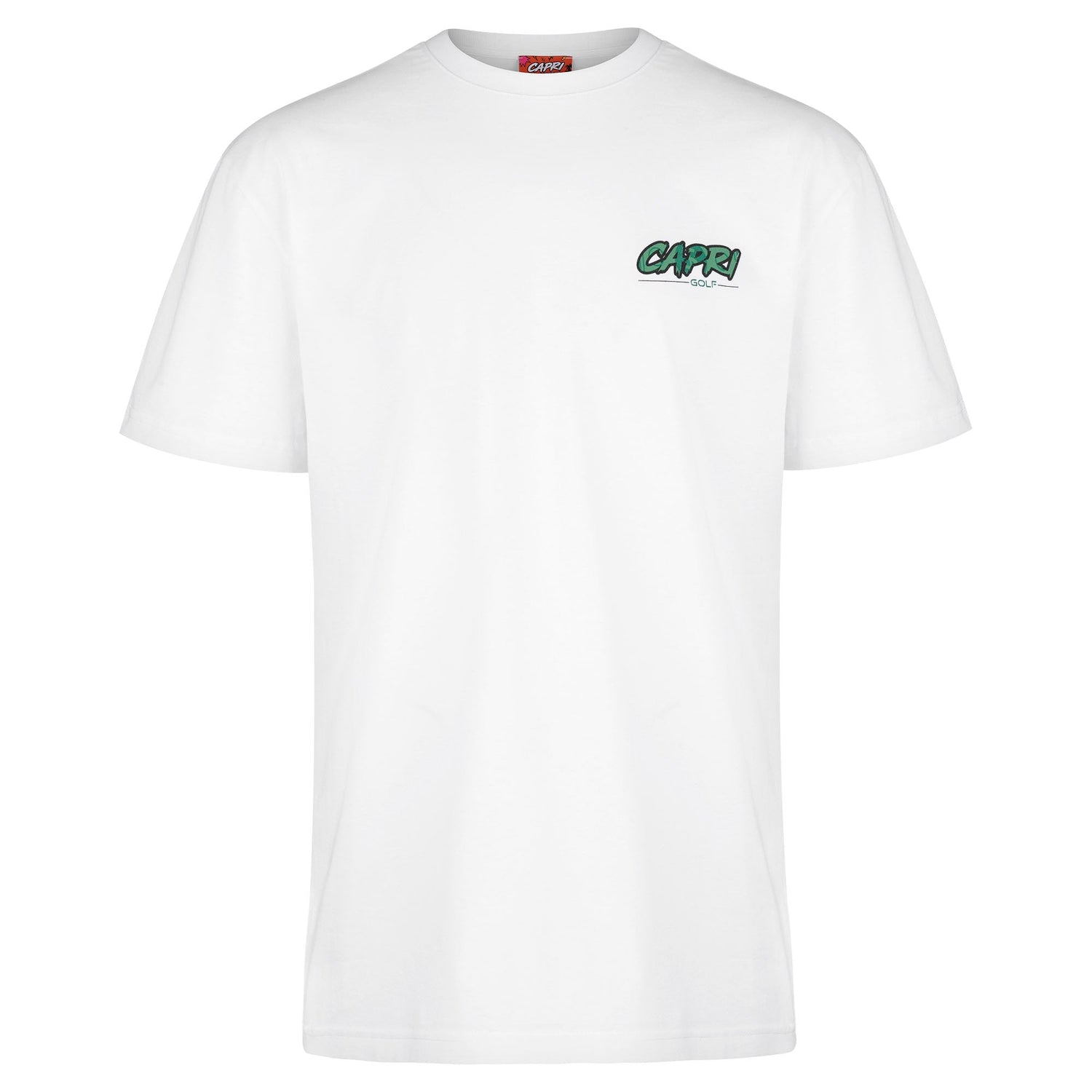 Weißes CAPRI GOLF Statement T-Shirt mit Golf of Wall Street Logo vorne, bequemes Design, für Golf und Freizeit.