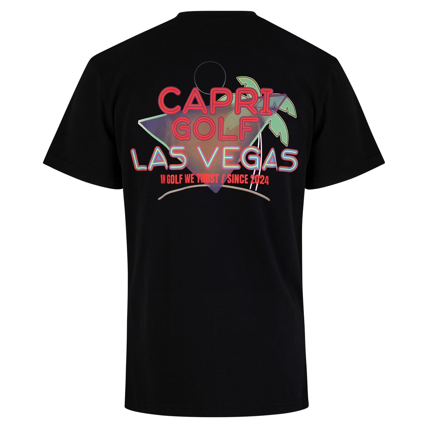 Schwarzes CAPRI GOLF Capri-Statement T-Shirt mit Las Vegas Motiv, Rückenansicht, bequemer Casual-Stil
