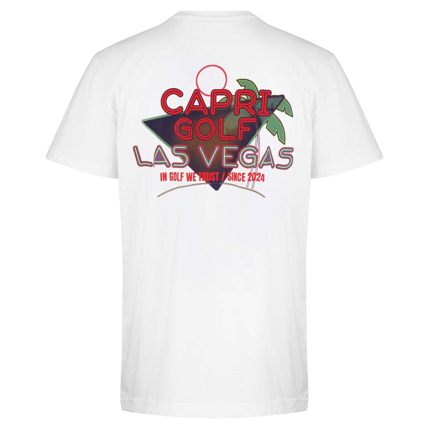 White CAPRI-Statement T-Shirt with colorful Viva Las Vegas golf-themed neon print on back and Capri logo on front