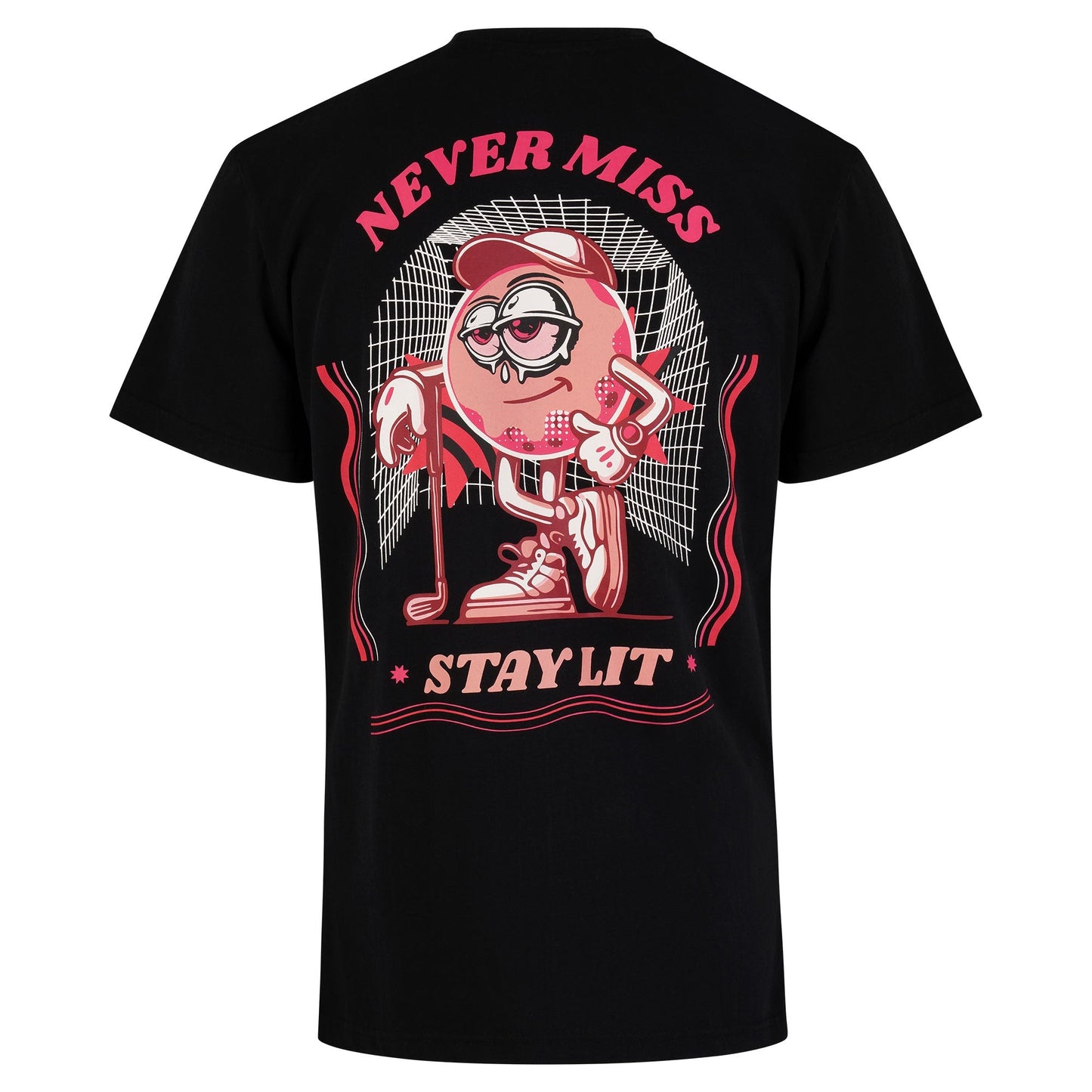 Schwarzes CAPRI GOLF T-Shirt "Never Miss - Stay Lit!" mit Logo-Print, Rückenansicht, lässiges Casual-Design für Damen