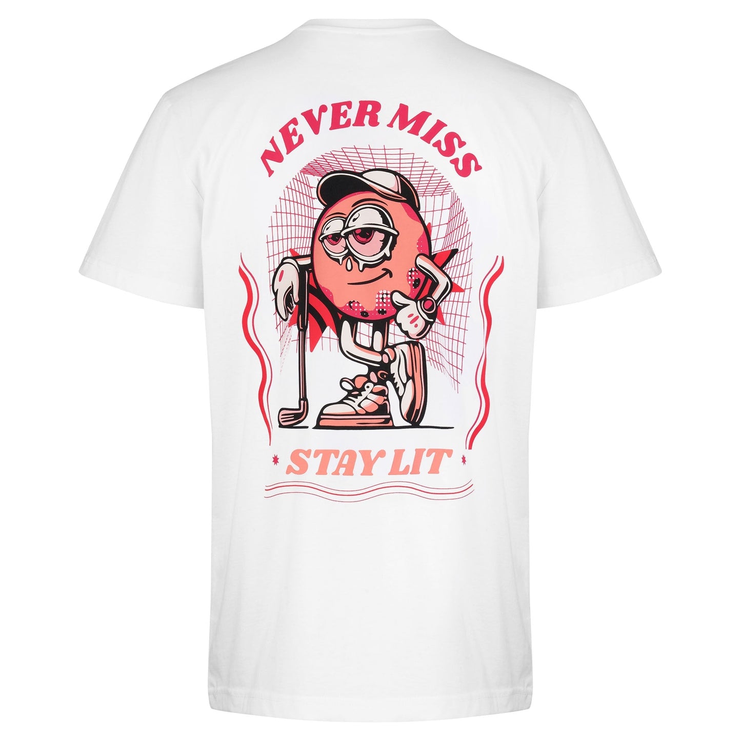 White CAPRI-Statement T-Shirt with "Never Miss Stay Lit" golf ball cartoon graphic on back