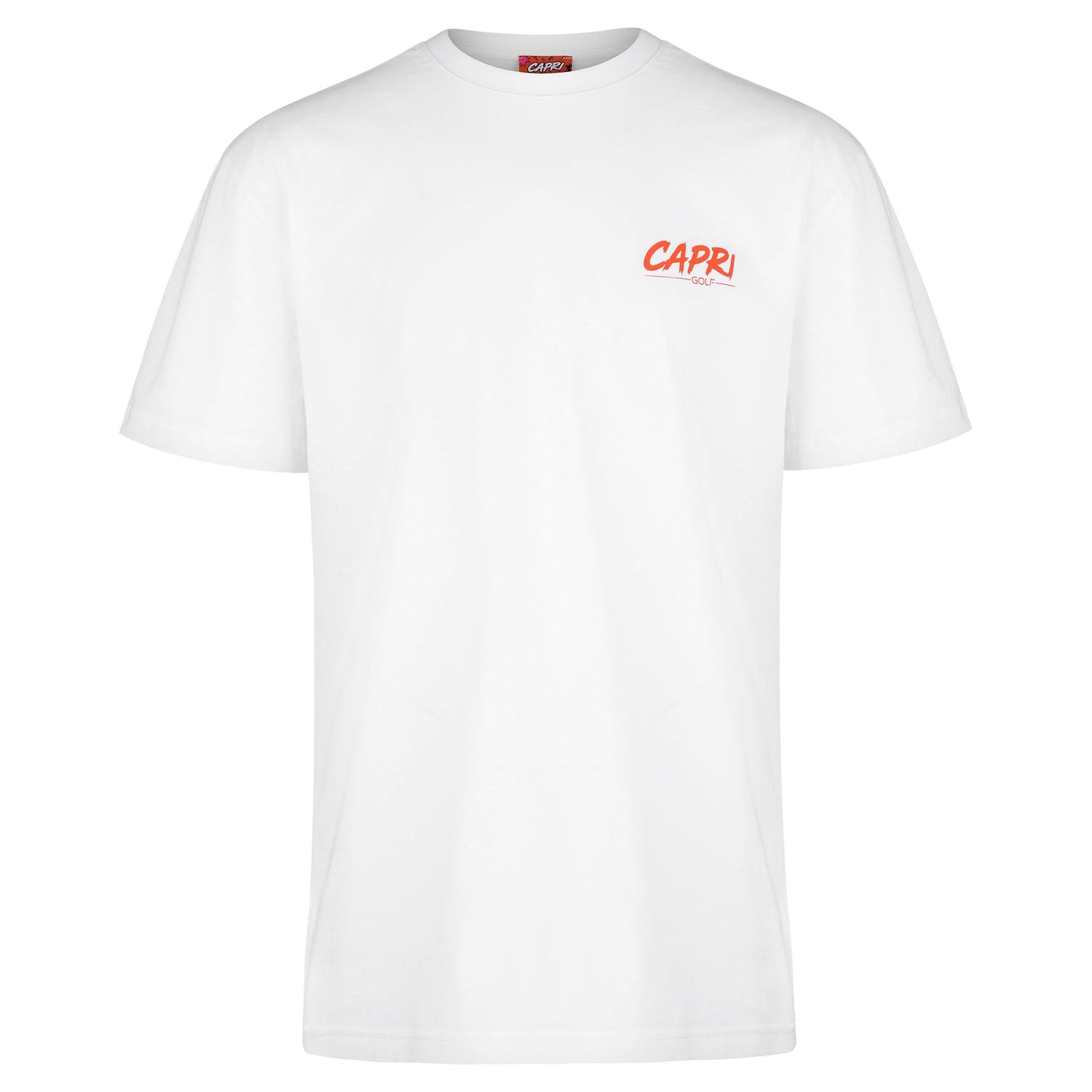 White CAPRI-Statement T-Shirt with small front logo and bold back print, 100% cotton, relaxed fit designed for style and comfort