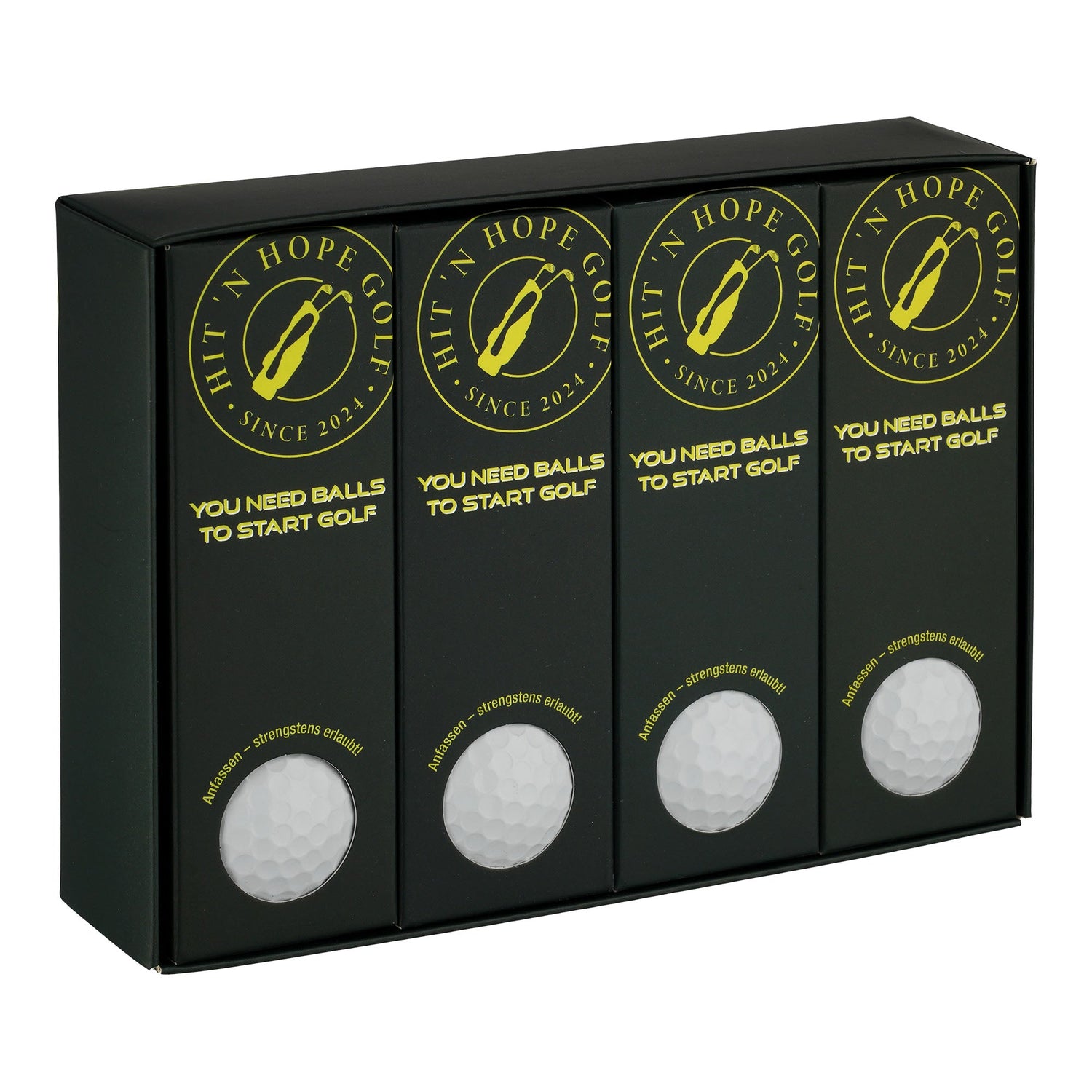 Offene Verpackung mit 12 CAPRI Golf Hit'n Hope Golfbällen, 4x3er Sleeves, in einer transparenten Packung.