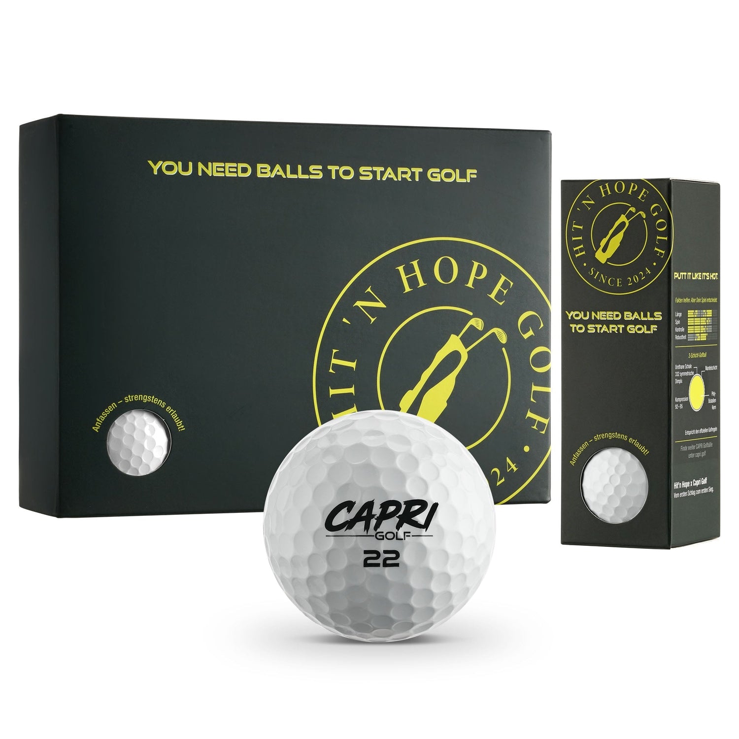 CAPRI Golf Hit'n Hope Golfbälle im 12er Pack, 4x3er Sleeves, Verpackung mit 12 Golfbälle für das Golfspiel