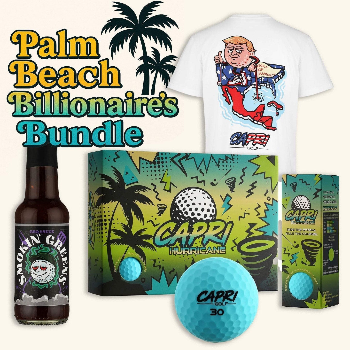 CAPRI GOLF Palm Beach Billionaire’s Bundle, stilvolle Capris und Golf-Accessoires im eleganten Design, auf einem weißen Hintergrund.