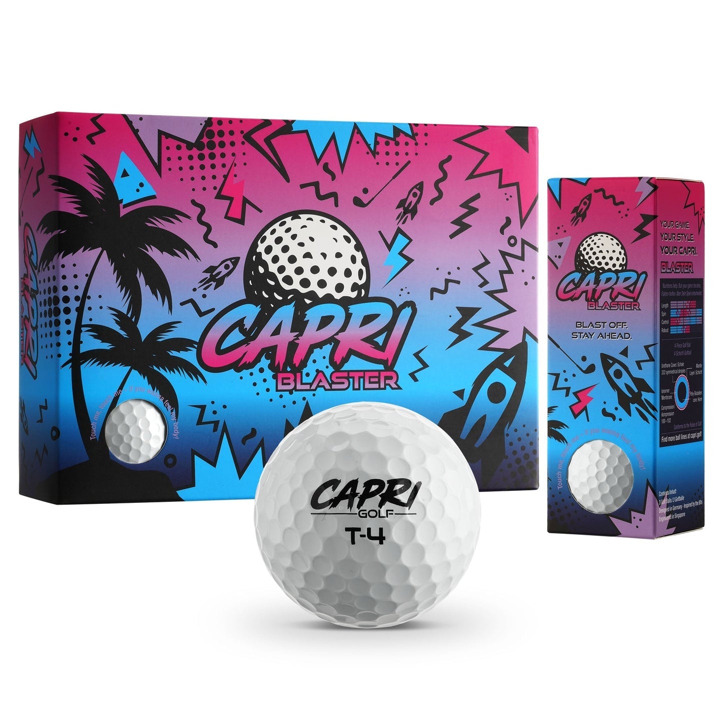 CAPRI Golf BLASTER Golfbälle im 12er Pack, vier 3er Sleeves, weiße Golfbälle für das Golfspiel, Nahaufnahme