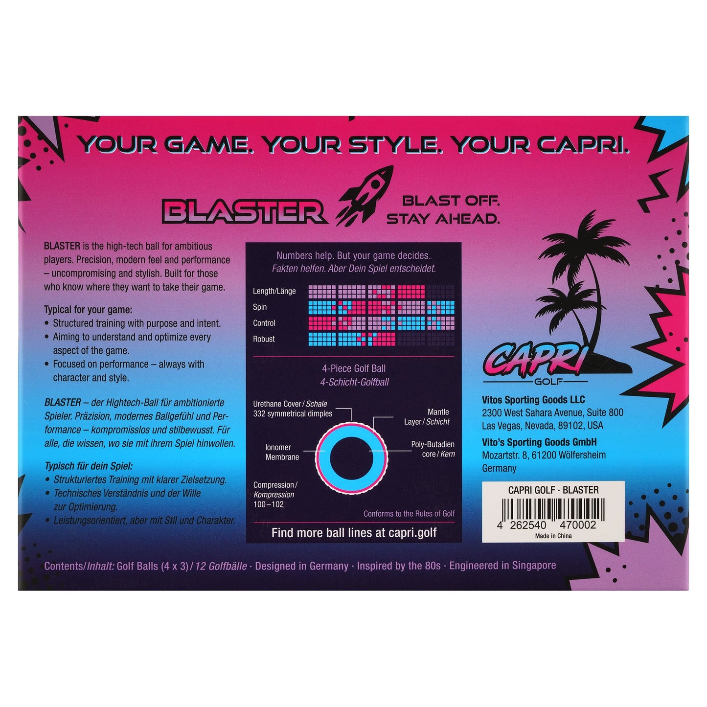 CAPRI Golf BLASTER Golfbälle im 12er Pack, 4x3er Sleeves, weiße Golfbälle für Spiel und Training