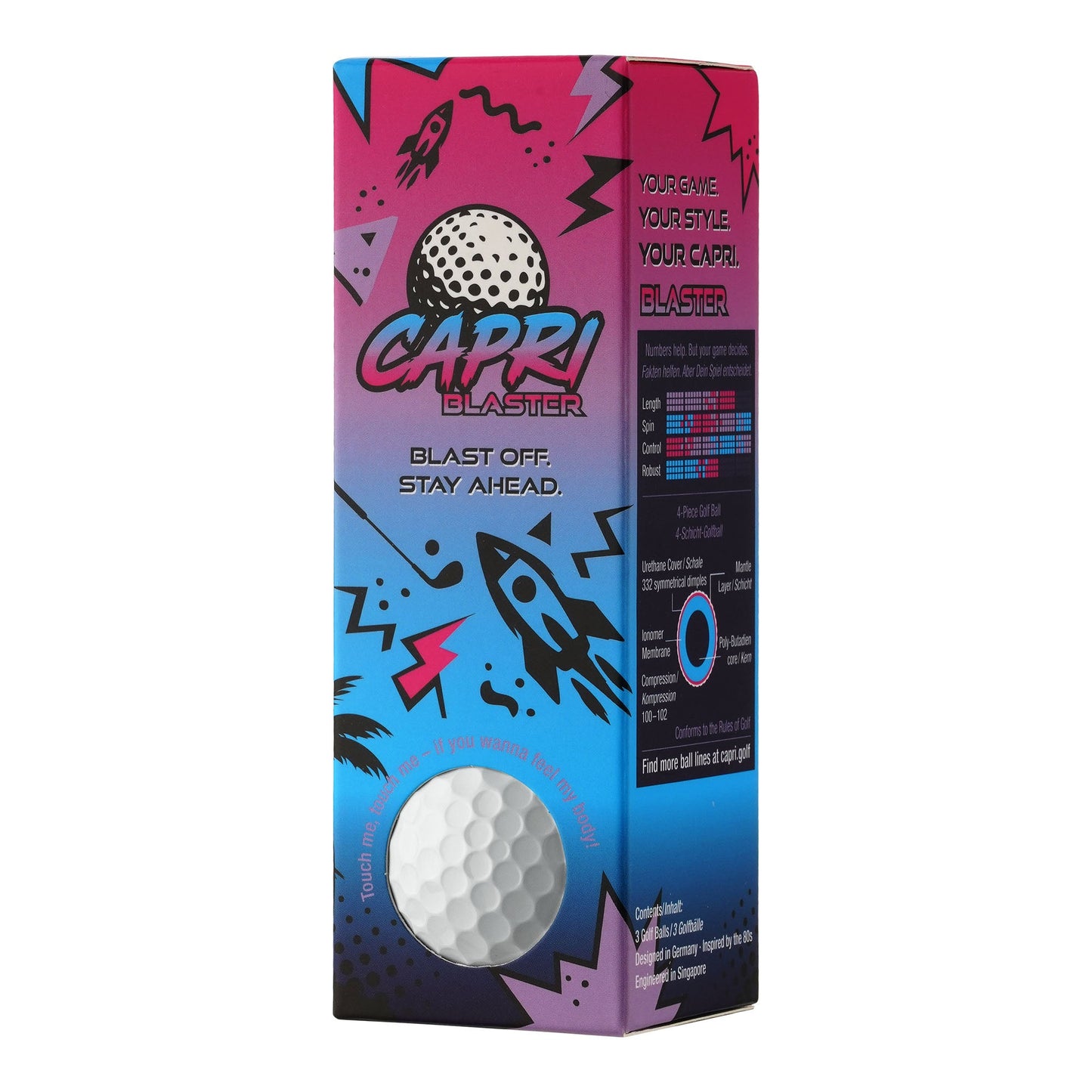 CAPRI Golf BLASTER Golfbälle, 12er Pack mit 4x3er Sleeves, sichtbare Verpackung, hochwertige Golfbälle für das Spiel.