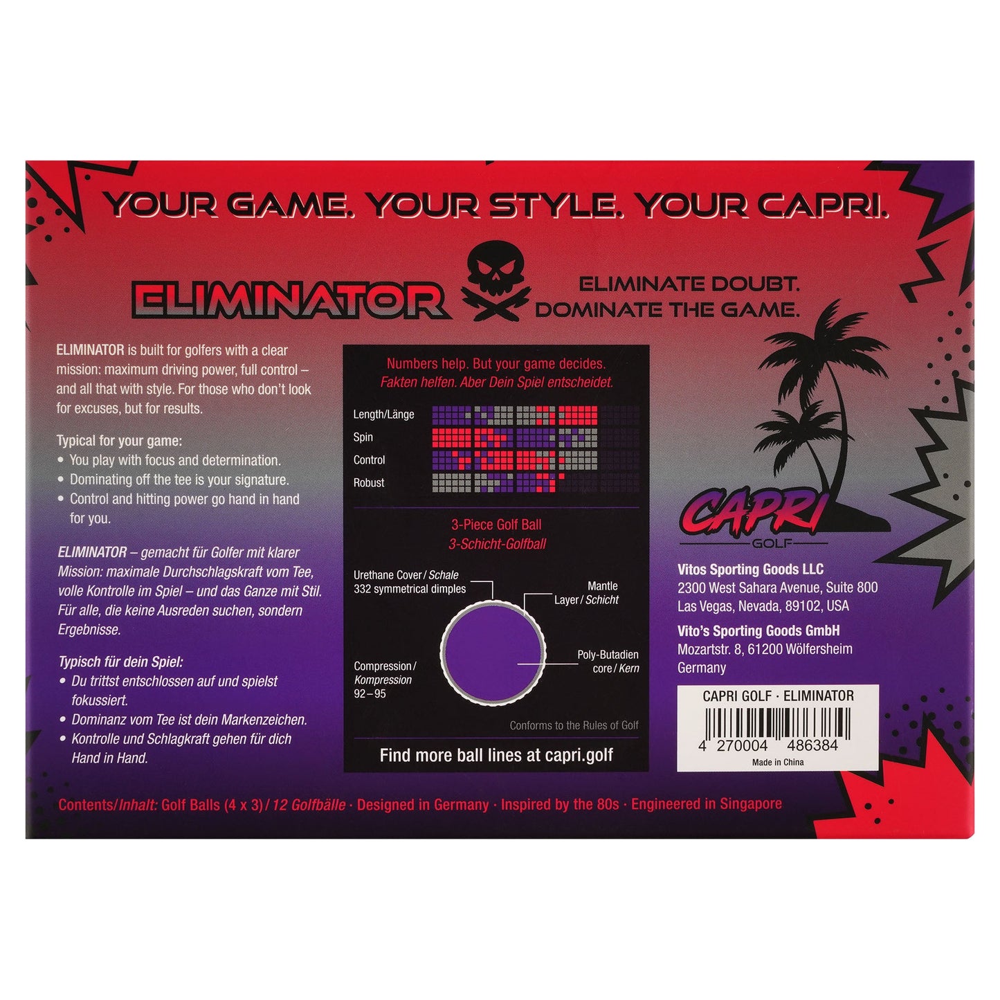 CAPRI Golf ELIMINATOR Golfbälle im 12er Pack, 4x3er Sleeves, zeigt die Verpackung mit Golfbällen von CAPRI Golf.