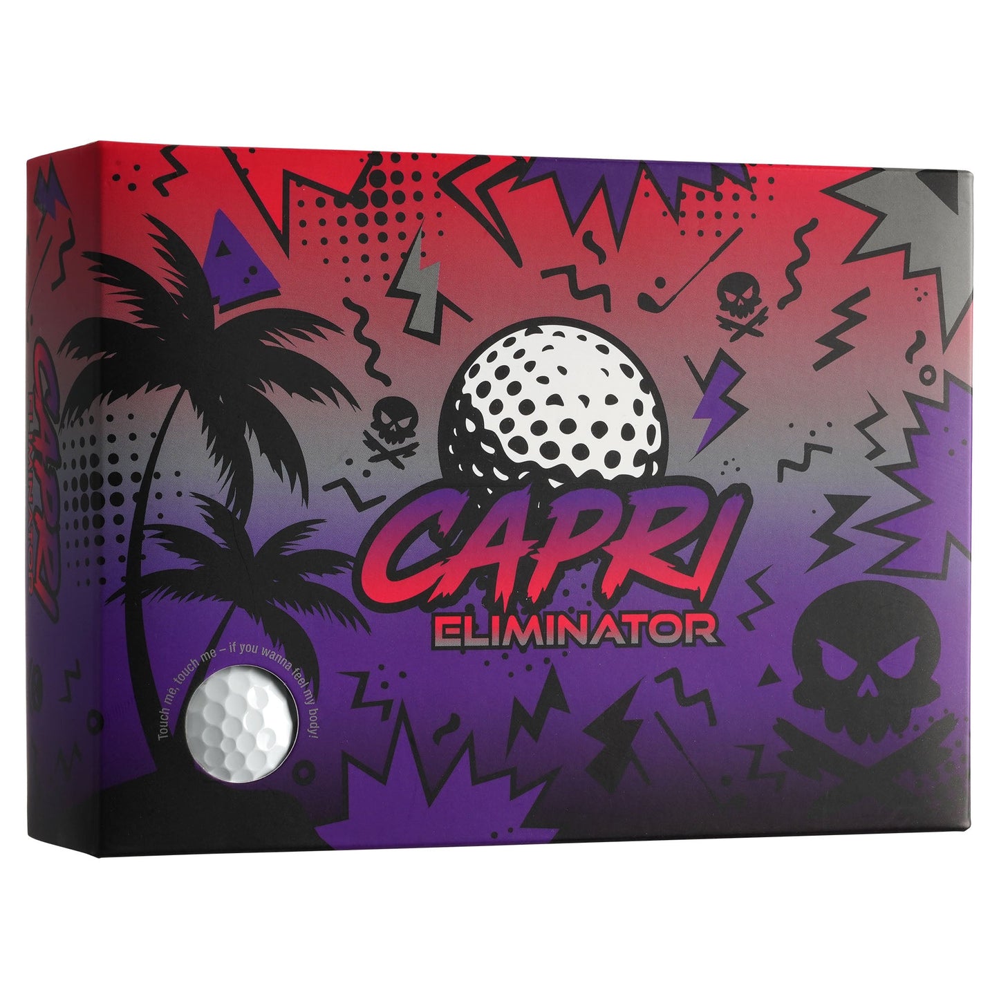 CAPRI Golf ELIMINATOR Golfbälle im 12er Pack, 4x3er Sleeves, weiße Golfbälle für Golfspieler, Nahaufnahme vor der Verpackung