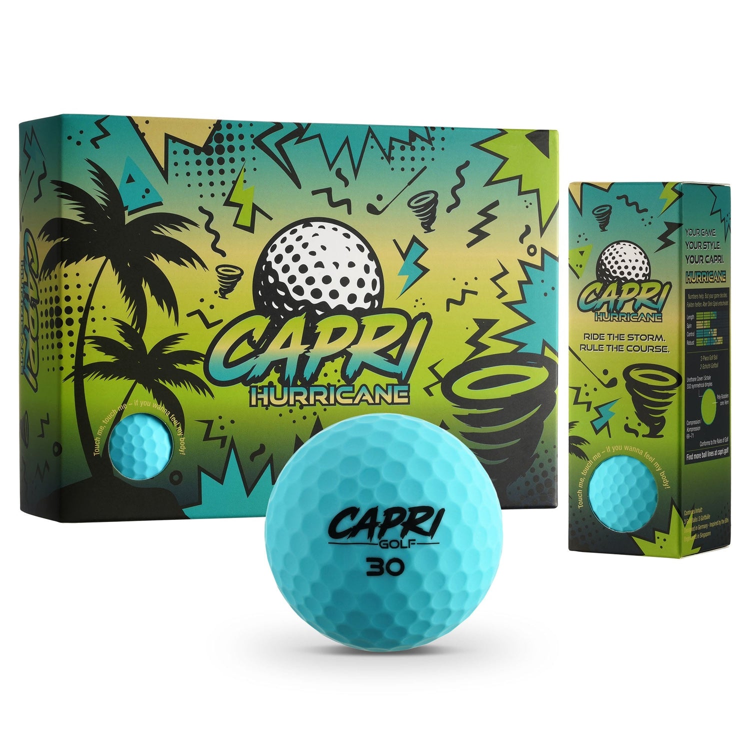 CAPRI Golf Hurricane Golfbälle im 12er Pack, 4x3er Sleeves, mit langlebiger Oberfläche und ideal für präzises Golfspiel.