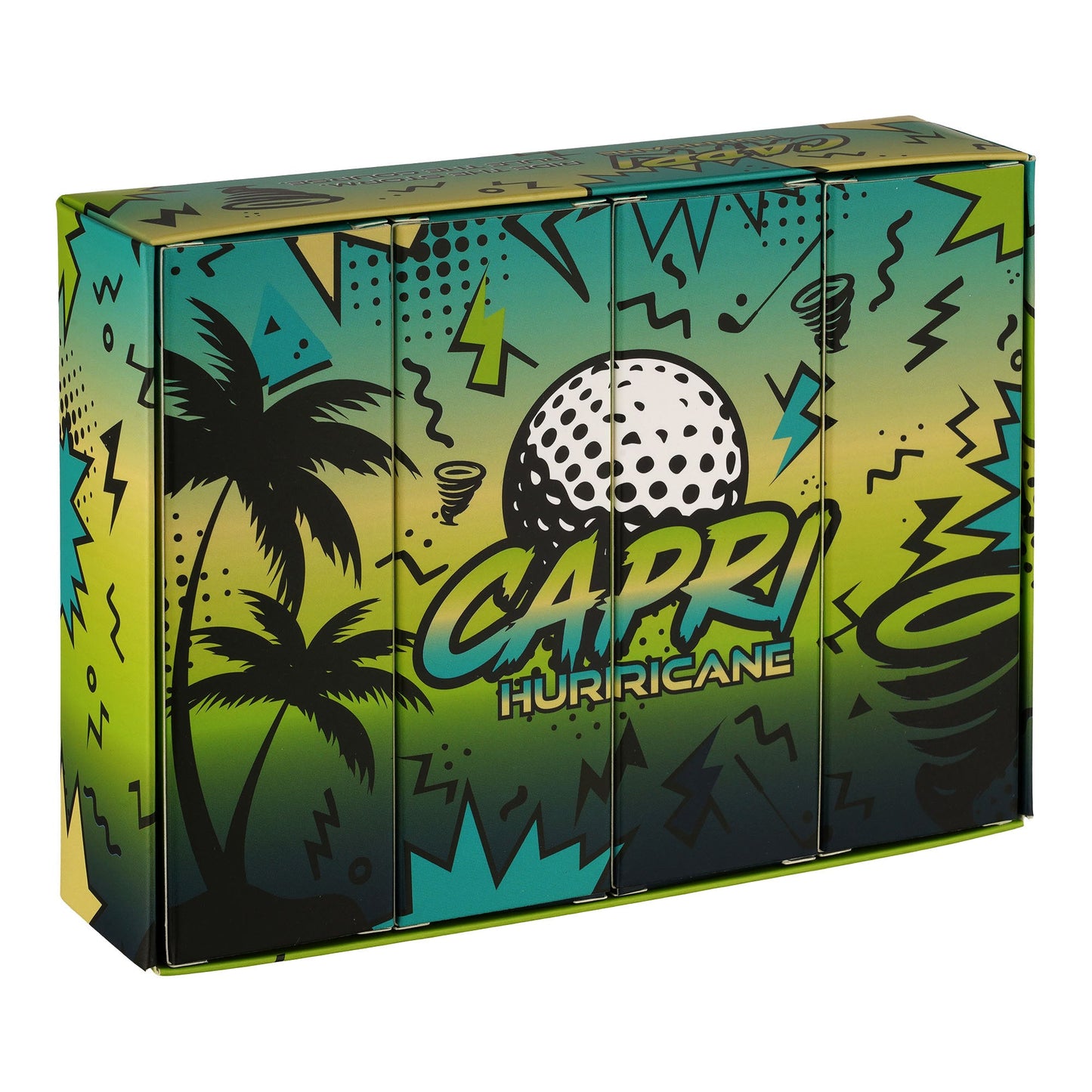 CAPRI-Golf HURRICANE 12-pack colorful 2-layer golf balls with urethane cover and Caribbean blue matte finish in vibrant palm tree design box