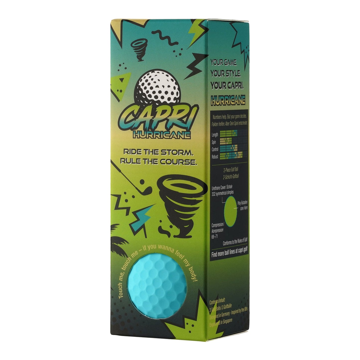 CAPRI-Golf HURRICANE 2-layer Caribbean Blue golf balls with urethane cover, 12-pack, tournament approved, matt finish, 332 dimples, compression 69-71