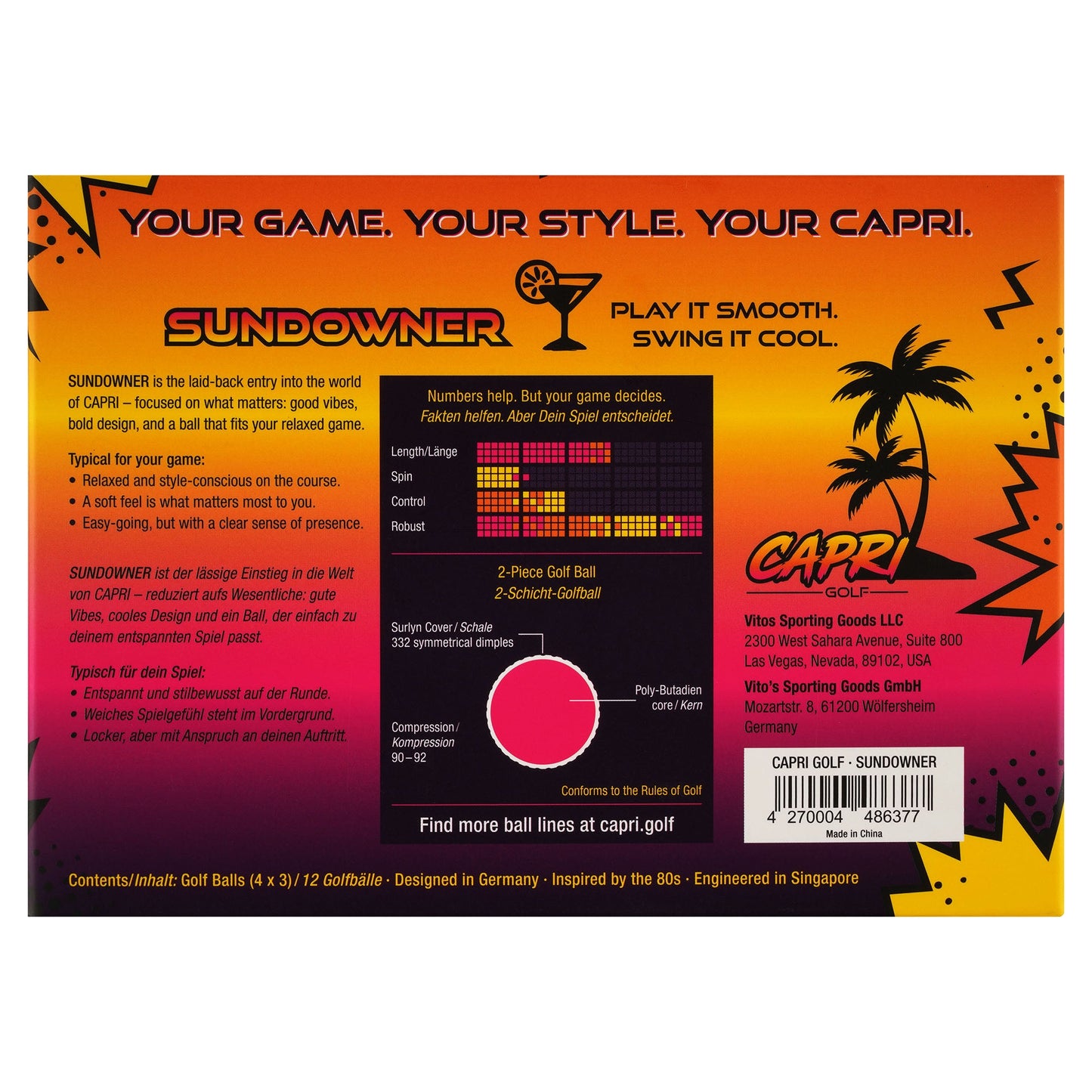 CAPRI Golf SUNDOWNER Golfbälle, 12er Pack in 4 Sleeves, mit logo und design auf der Verpackung sichtbar