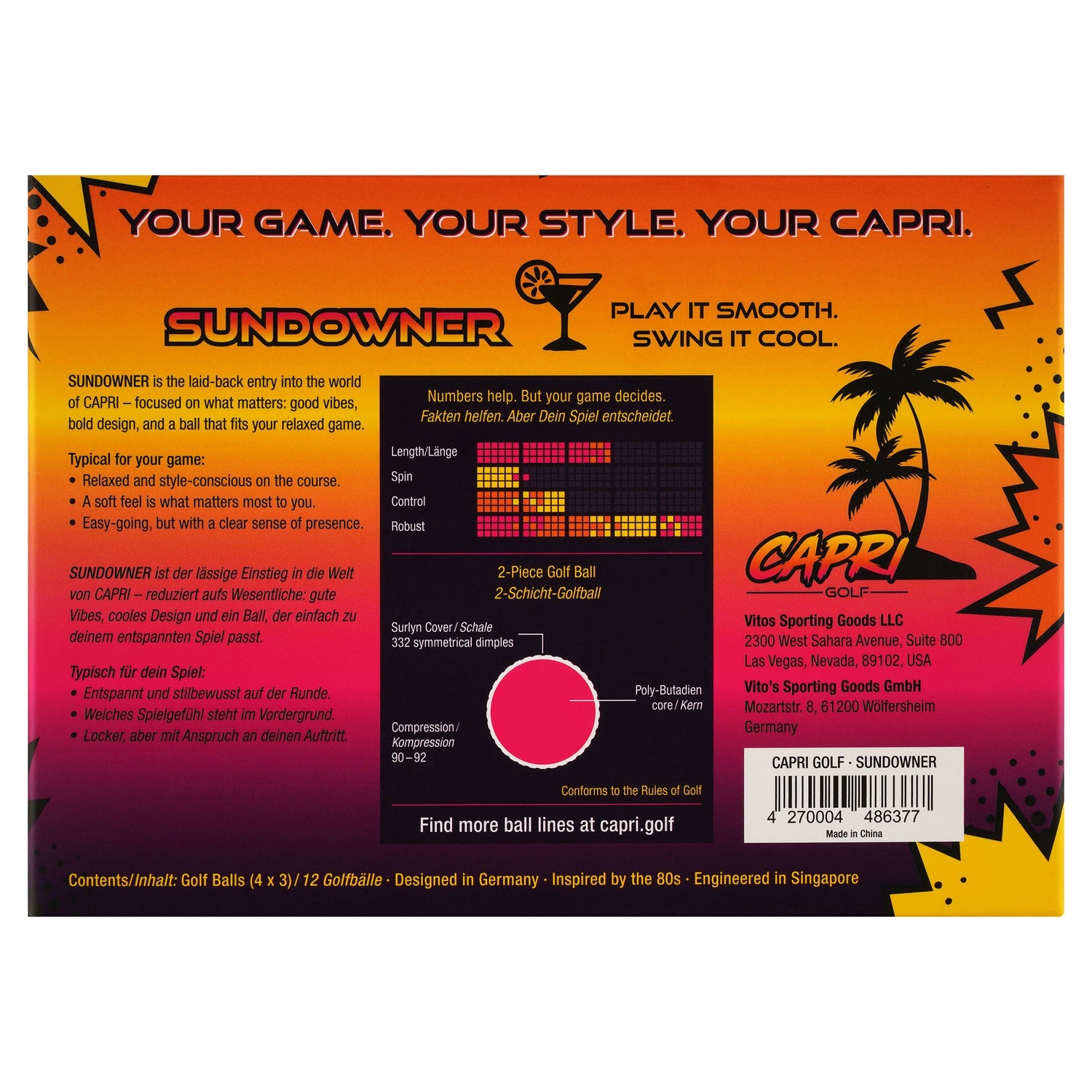 CAPRI Golf SUNDOWNER Golfbälle, 12er Pack in 4 Sleeves, mit logo und design auf der Verpackung sichtbar