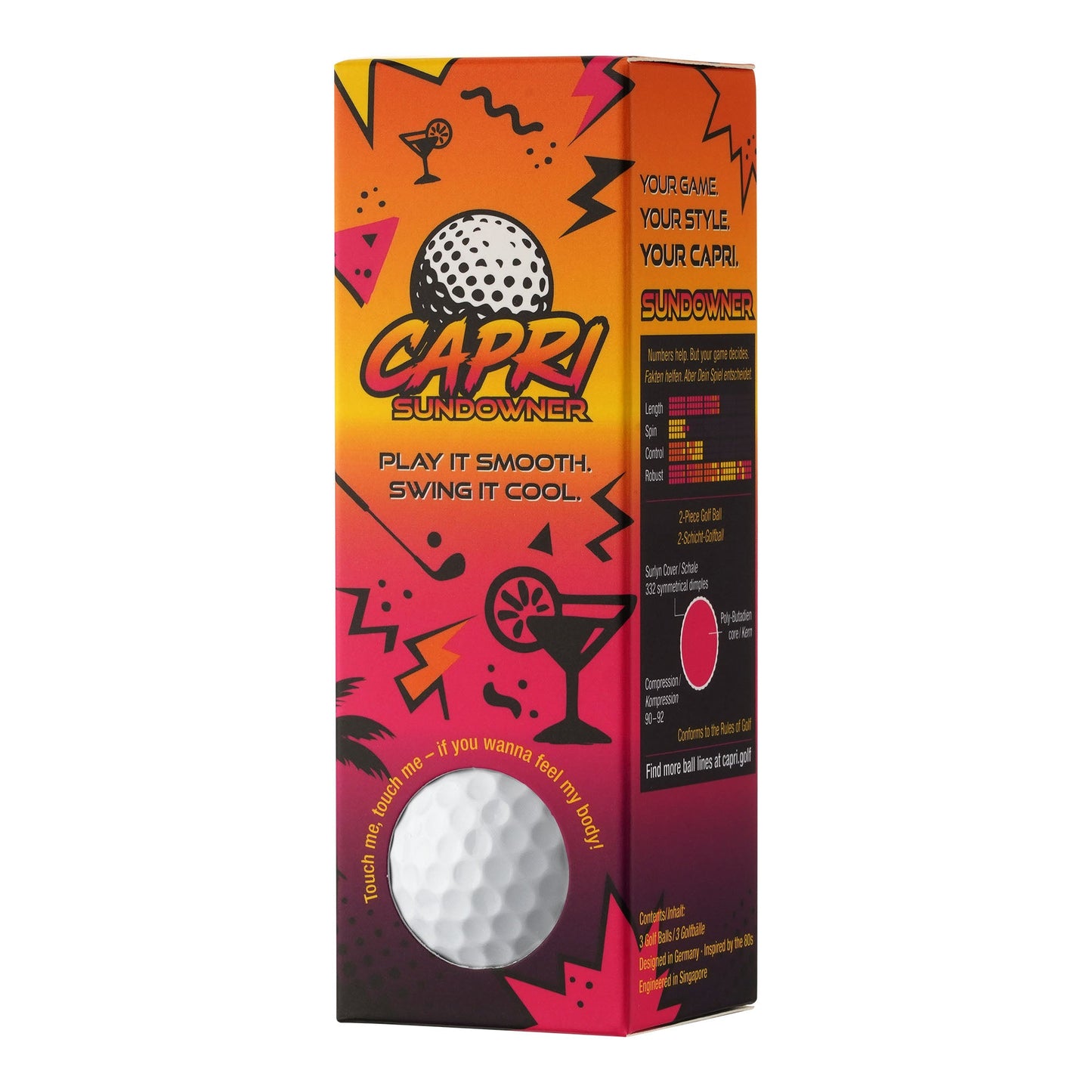 CAPRI Golf Sundowner Golfbälle, 12er Pack in 4 Sleeves, weiße Golfbälle auf Verpackung.