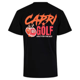 Schwarzes CAPRI GOLF Capri-Statement T-Shirt „Built for the Buzz“ mit Logo vorne, bequemes Design, hinten sichtbar.