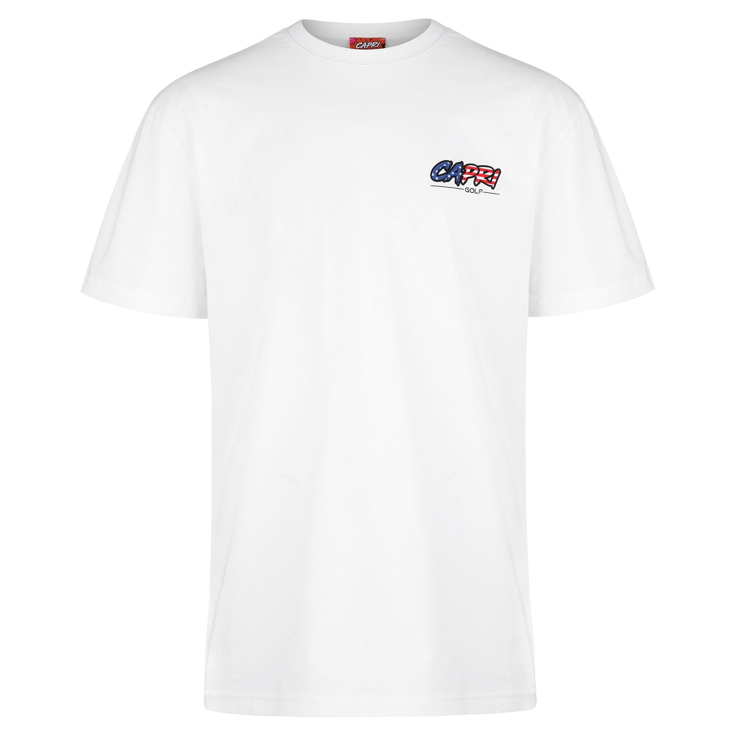 Weiße CAPRI GOLF Statement T-Shirt für Damen, Vorderseite mit Golf of America Design, bequemes Baumwollmaterial.