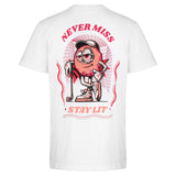 Weißes CAPRI GOLF Statement T-Shirt „Never Miss – Stay Lit!“ mit Print auf der Rückseite, bequemes Baumwoll-Design.