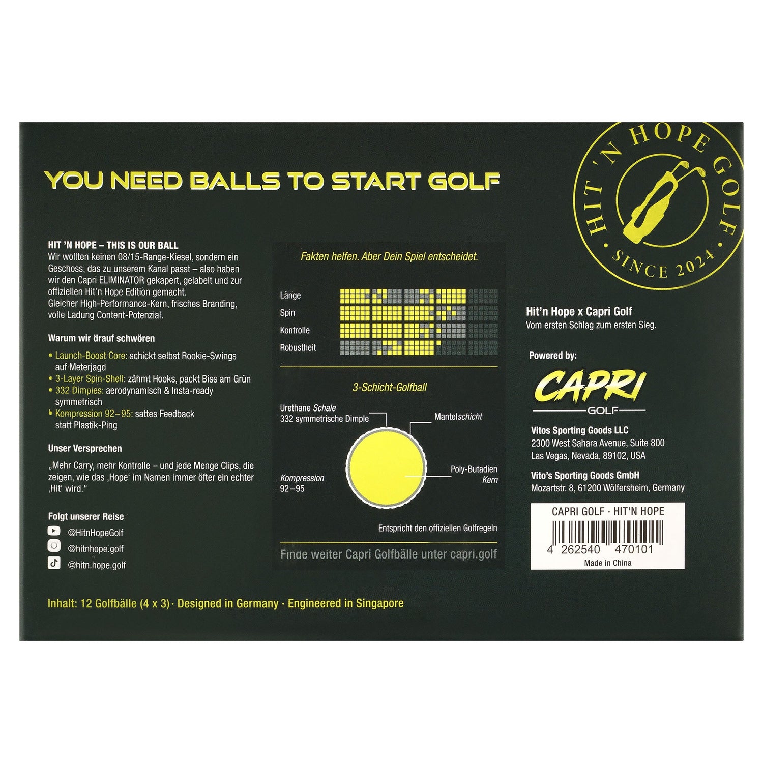 CAPRI Golf Hit'n Hope Golfbälle, 12er Pack in 4 Sleeves, hintere Ansicht der Verpackung mit Bällen und Branding