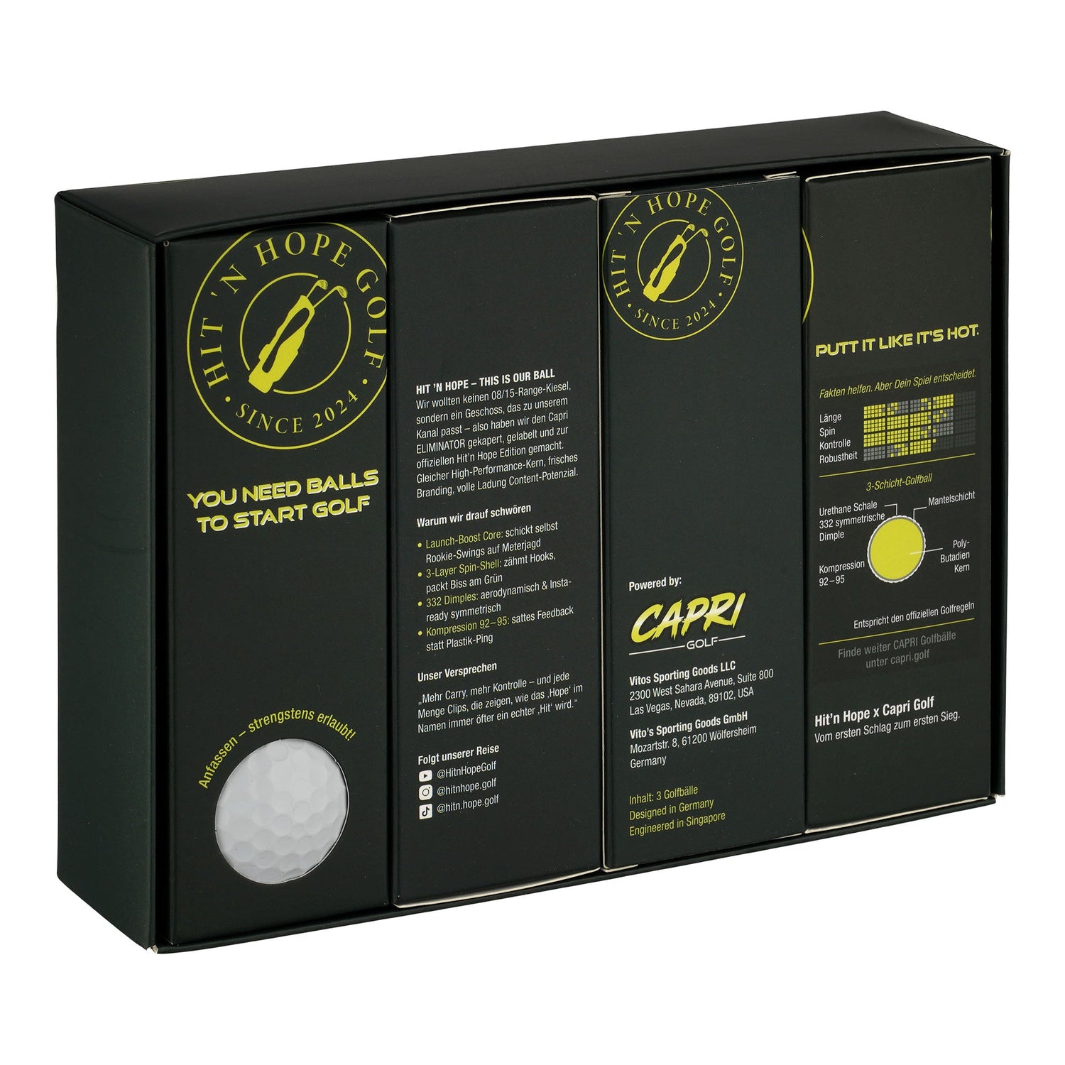 Offene Verpackung mit 12 CAPRI Golf Hit'n Hope Golfbällen in vier 3er Sleeves, ideal für Golfspieler, sichtbar im Bild