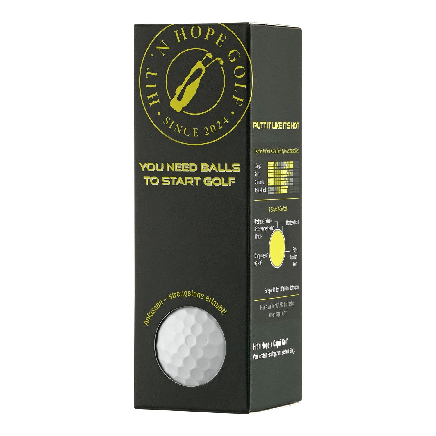 CAPRI Golf Hit'n Hope Golfbälle im 12er Pack, 4x3er Sleeves, auf Verpackung abgebildet, für Golfspieler
