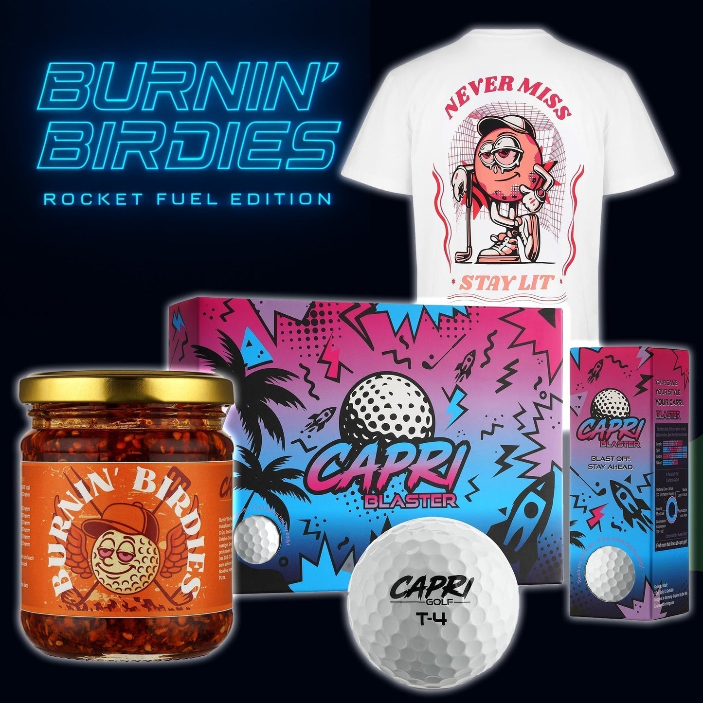 CAPRI Rocket Fuel Bundle with Burnin' Birdies Chili Oil, Never Miss Stay Lit T-shirt, and CAPRI Blaster golf balls