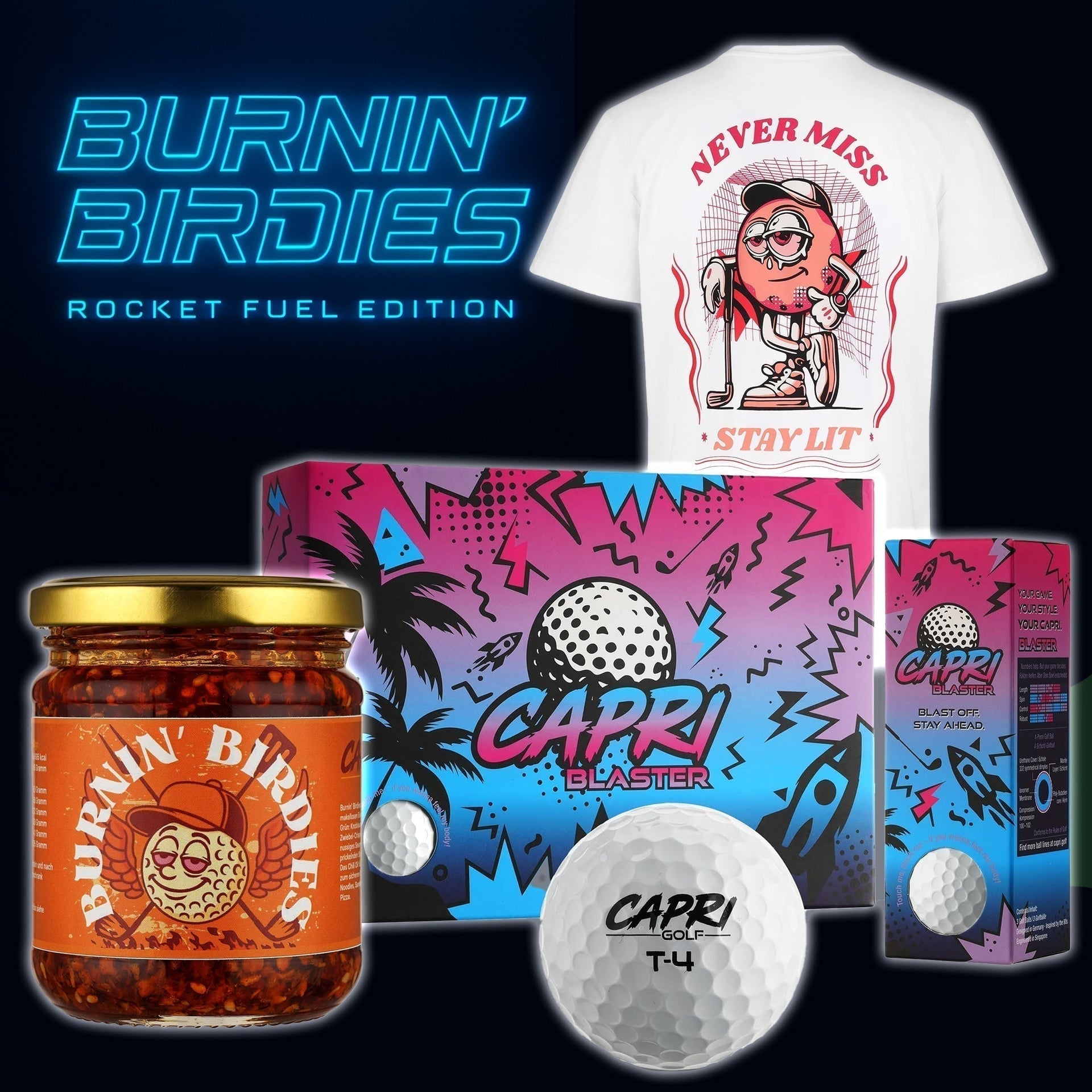 CAPRI Rocket Fuel Bundle including Burnin’ Birdies Chili Oil, Never Miss Stay Lit Shirt, and CAPRI Blaster golf balls with vibrant packaging and bold graphic design