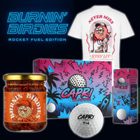 CAPRI Rocket Fuel Bundle with Burnin' Birdies Chili Oil, Never Miss Stay Lit T-shirt, and CAPRI Blaster golf balls