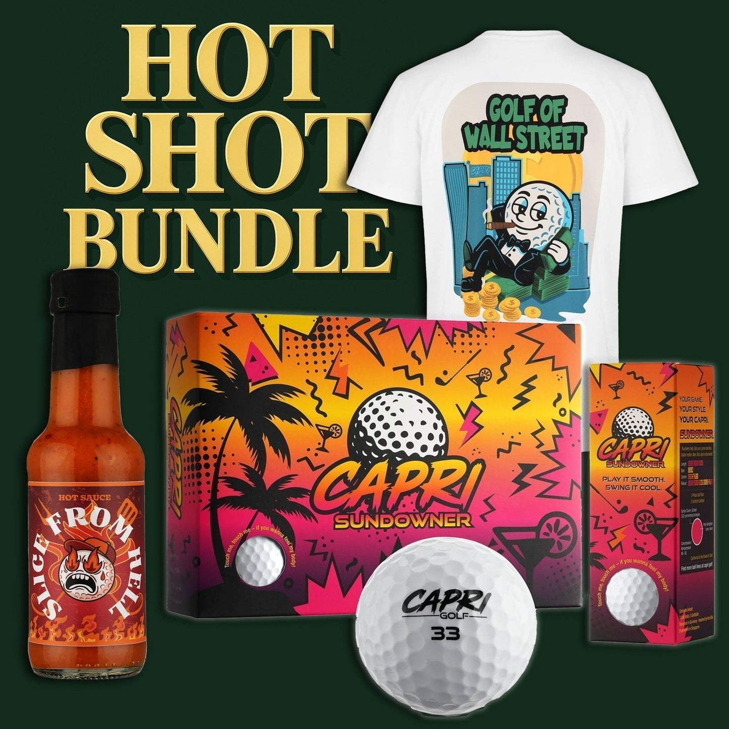 CAPRI Hot Shot Bundle with Golf of Wall Street shirt, Slice From Hell hot sauce, and Capri Sundowner golf balls in vibrant packaging