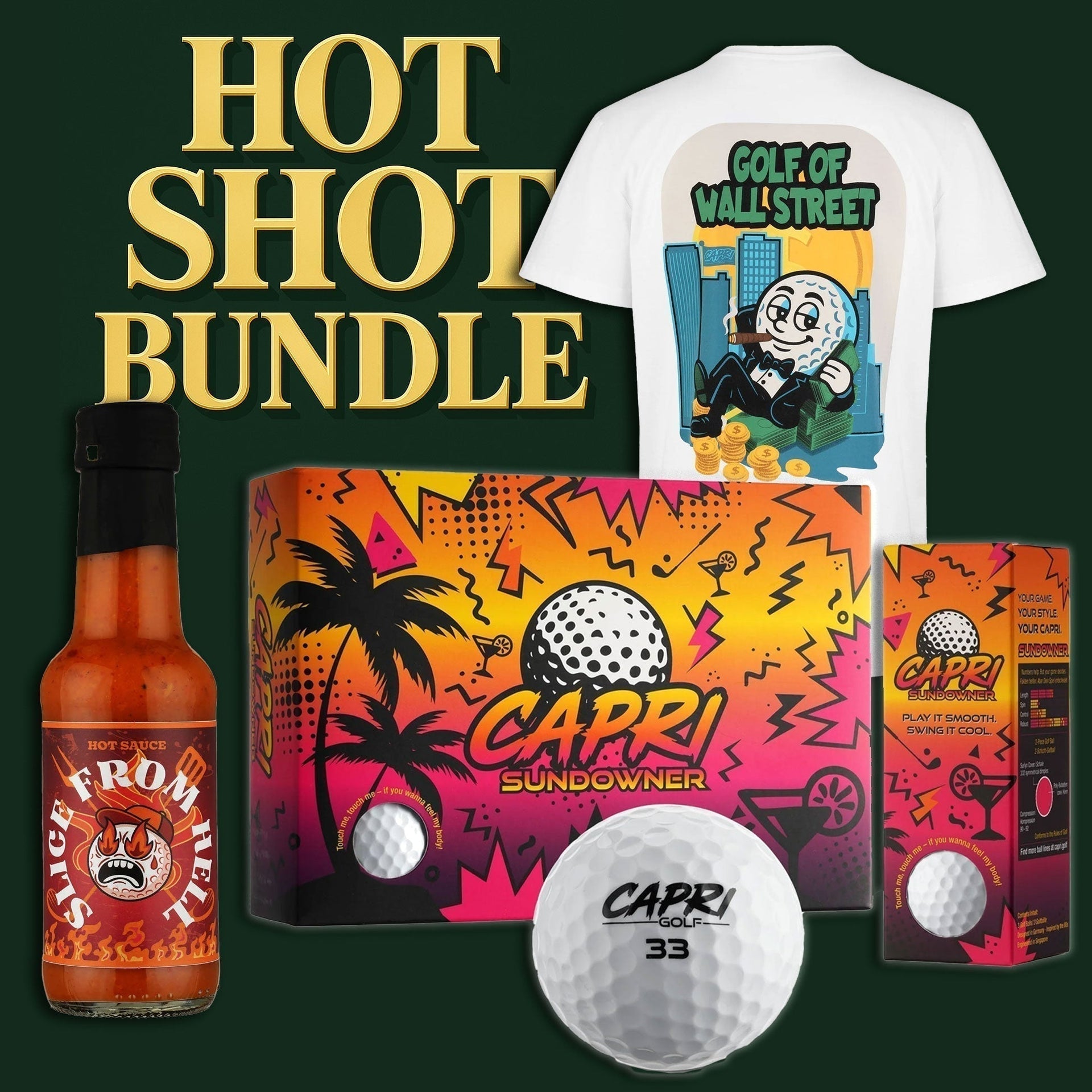 CAPRI Hot Shot Bundle with Golf of Wall Street shirt, Slice From Hell hot sauce, and Capri Sundowner golf balls in vibrant packaging
