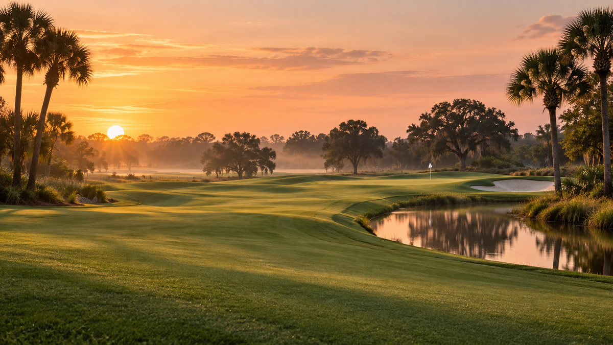 Florida-inspiriertes Golfmotiv mit Palmen, Fairway und warmem Morgenlicht