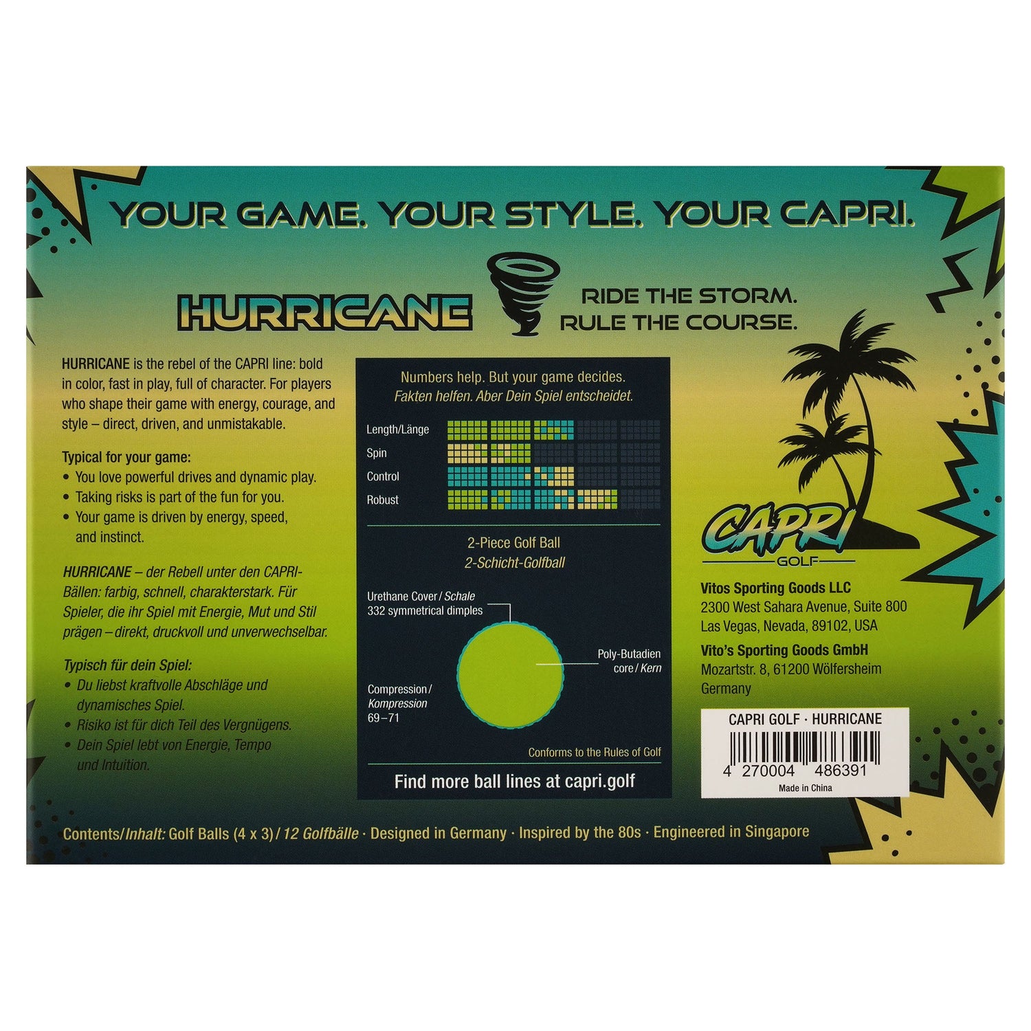 CAPRI Golf Hurricane Golfbälle im 12er Pack, 4x3er Sleeves, mit schwarzem Design, für Golfspieler, Vorderseite der Verpackung sichtbar