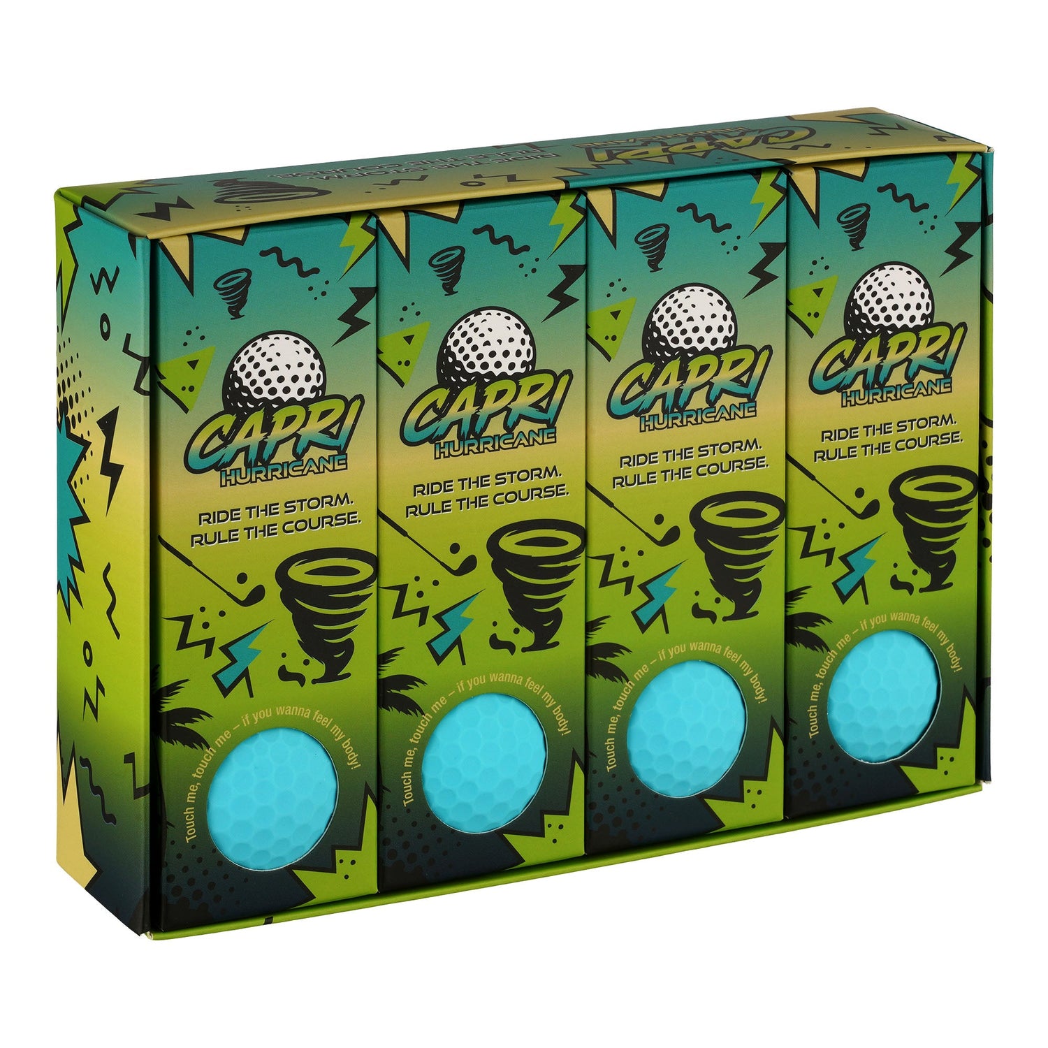 CAPRI Golf Hurricane Golfbälle im 12er Pack, offen gezeigt, mit 4 Sleeves, für optimales Spiel und Kontrolle auf dem Golfplatz