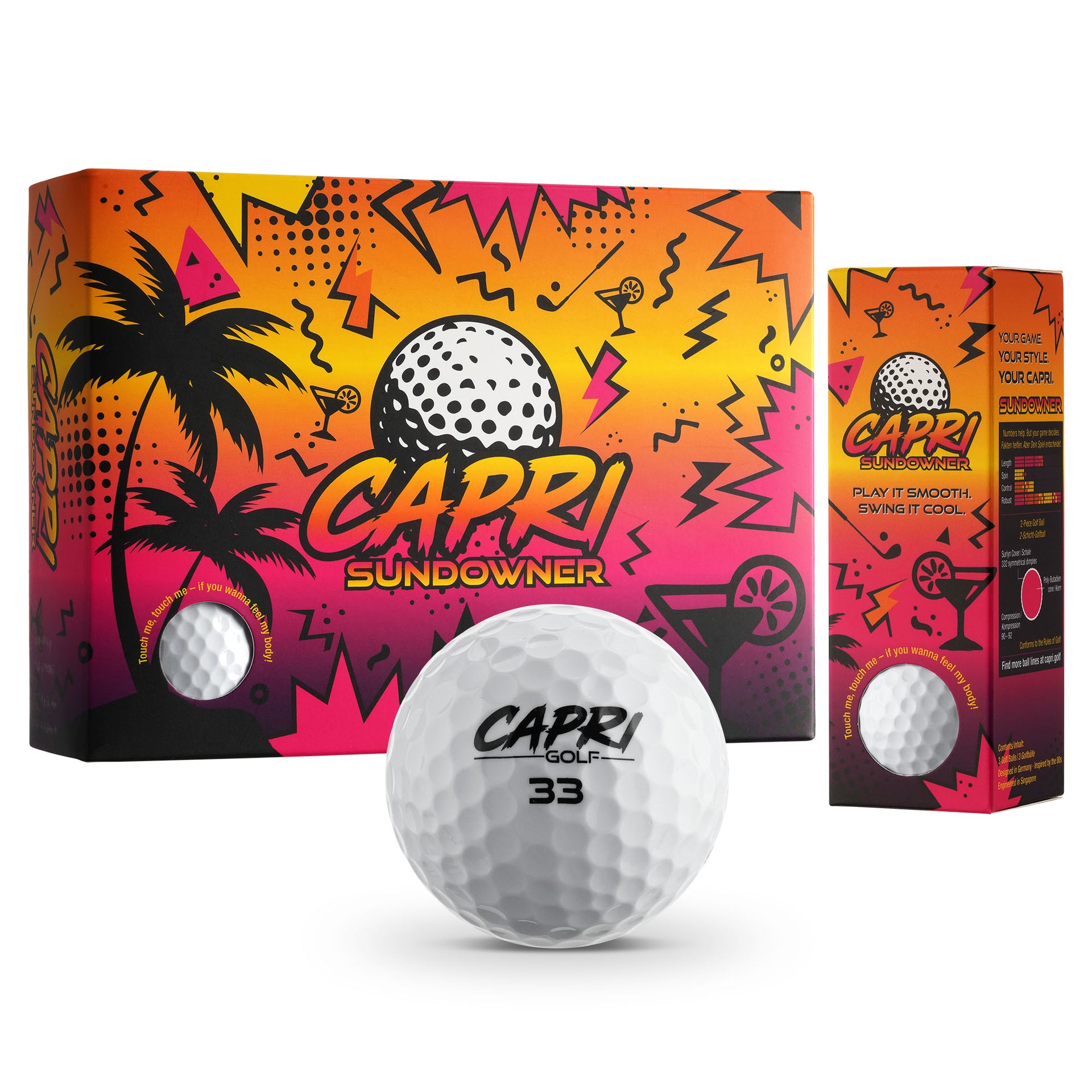 CAPRI-Golf SUNDOWNER Golfbälle, 2-Schichten, 12-er Pack (4x3er Sleeves)